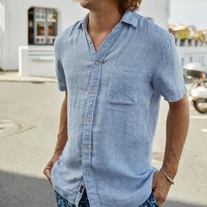 Faherty Short-Sleeve Palma Linen Shirt in Blue Basketweave - Size Large